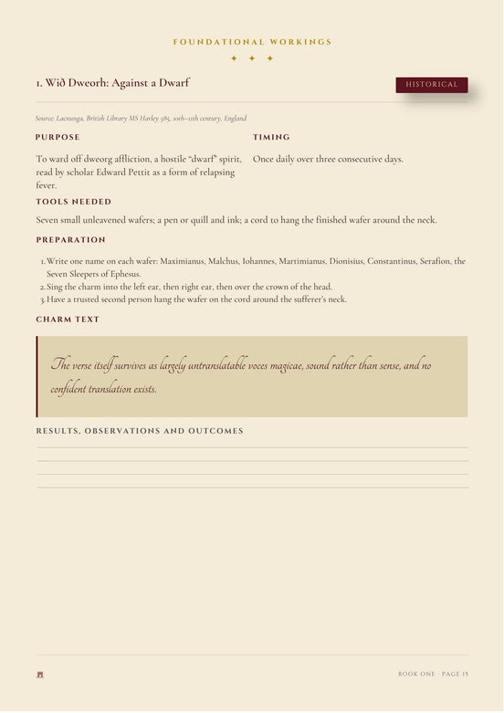 A page from a book titled 'Foundational Workings'  A Spell Against A Dwarf