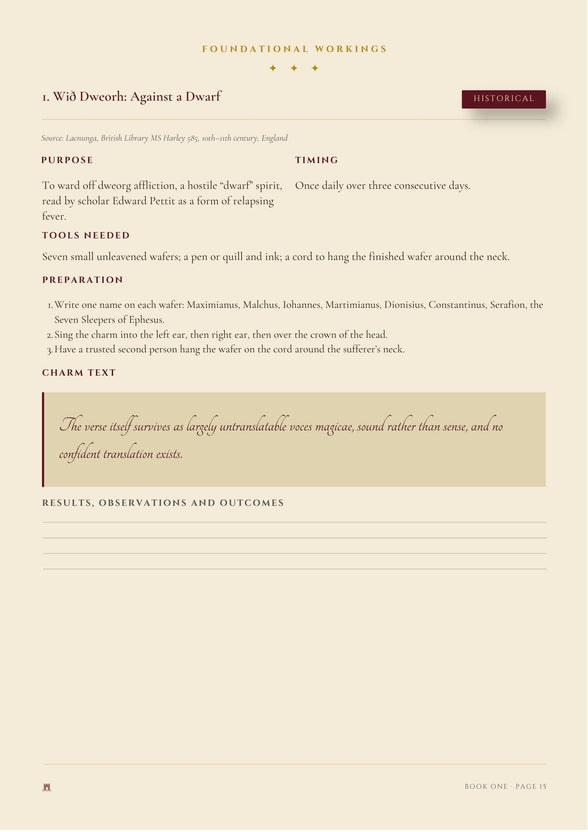 A page from a book titled 'Foundational Workings'  A Spell Against A Dwarf