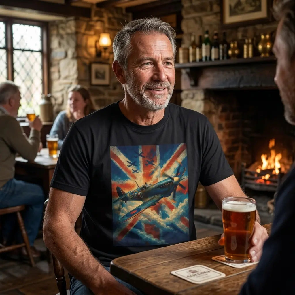 A man in a cozy pub wearing a black graphic t-shirt with a vintage fighter plane flying in front of a Union Jack flag. He is holding a pint of beer at a wooden table, with a stone fireplace and other patrons in the background.