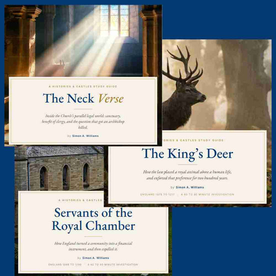 Collection of book covers with a deer, architectural elements, and text on a blue background