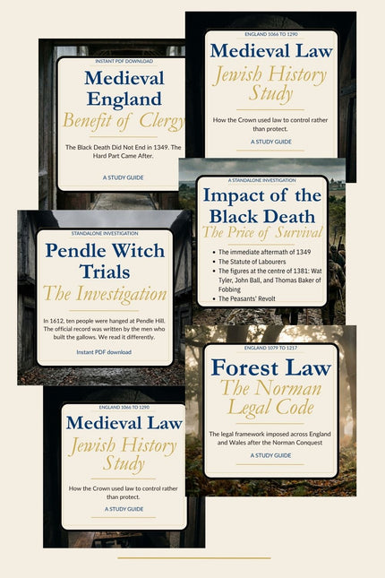 Six study guide book covers arranged in a collage on a light beige background. The covers feature medieval and witchcraft law titles including 'Medieval England Benefit of Clergy', 'Medieval Law Jewish History Study', 'Impact of the Black Death The Price of Survival', 'Pendle Witch Trials The Investigation', 'Forest Law The Norman Legal Code', and 'Medieval Law Jewish History Study 2'.