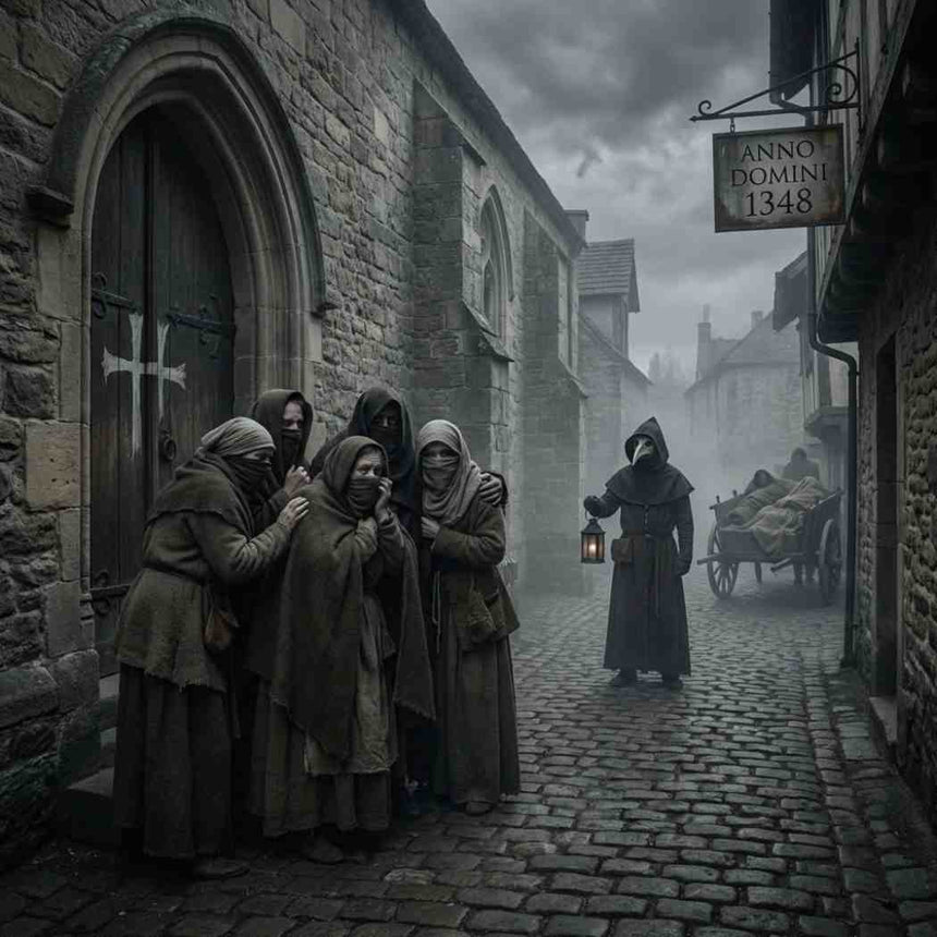 a medieval street with a plague doctor behind five people covering their faces from the black death