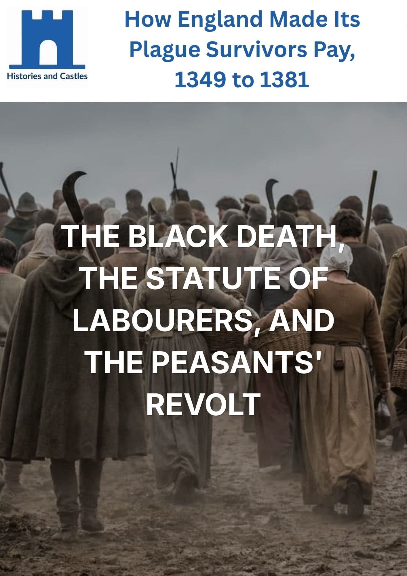 Study guide cover for 'The Black Death, The Statute of Labourers, and the Peasants' Revolt' from the History and Castles series, featuring a historical photograph of medieval peasants from behind walking through mud, with white and blue text overlays.