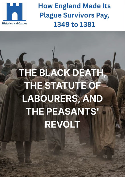 Study guide cover for 'The Black Death, The Statute of Labourers, and the Peasants' Revolt' from the History and Castles series, featuring a historical photograph of medieval peasants from behind walking through mud, with white and blue text overlays.