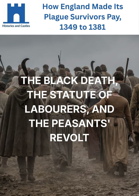 Study guide cover for 'The Black Death, The Statute of Labourers, and the Peasants' Revolt' from the History and Castles series, featuring a historical photograph of medieval peasants from behind walking through mud, with white and blue text overlays.