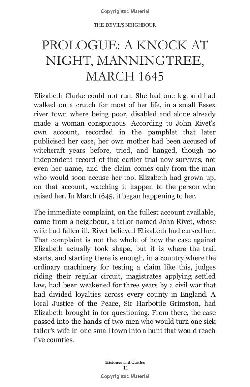 A page of printed text titled 'PROLOGUE: A KNOCK AT NIGHT, MANNINGTREE, MARCH 1645' with body paragraphs below on a white background from the book 'The Devil's Neighbours' by Simon A. Williams,