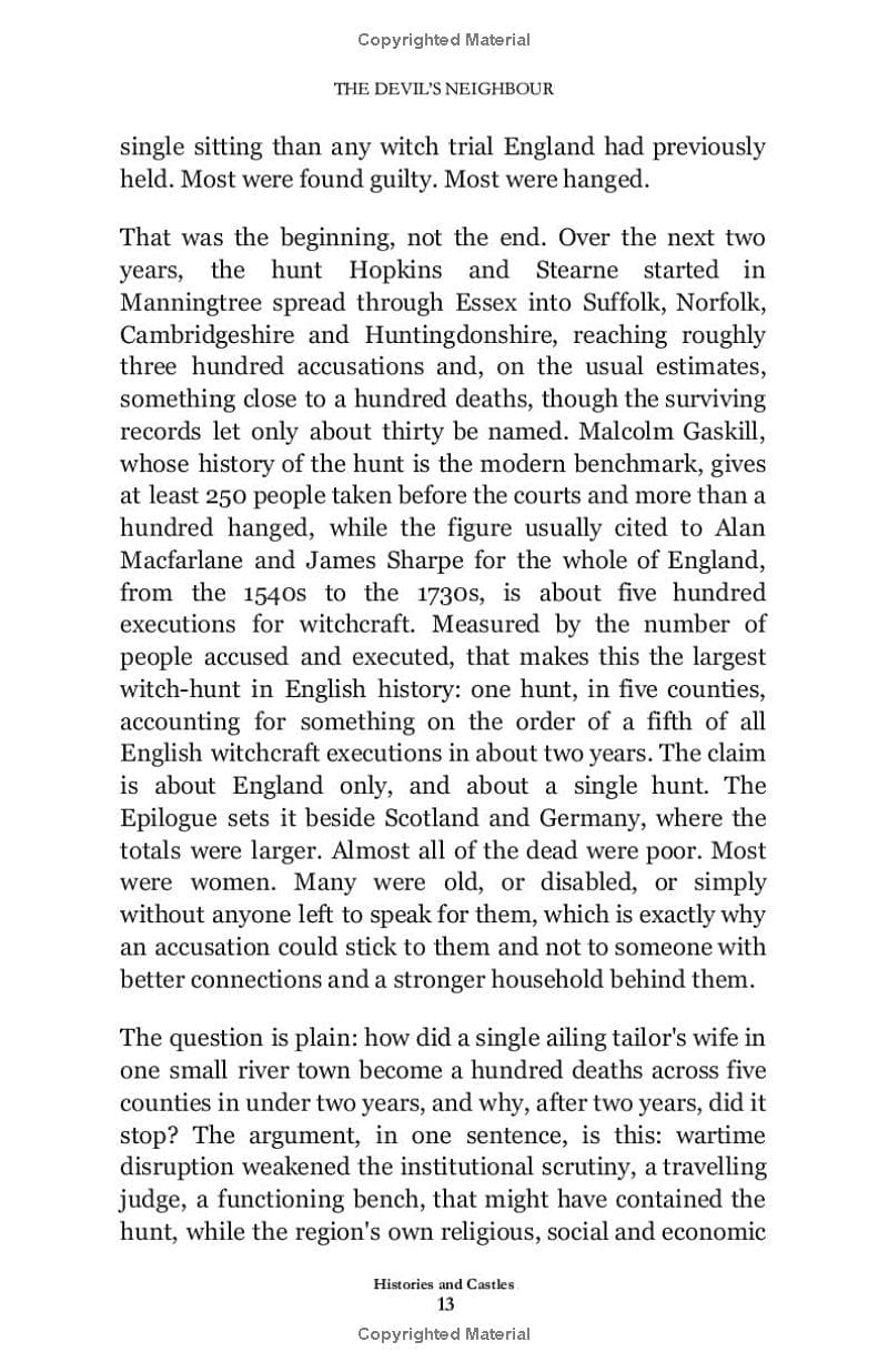 A scanned book page showing a text excerpt titled 'The Devil's Neighbor' with body paragraphs from the book 'The Devil's Neighbours' by Simon A. Williams.