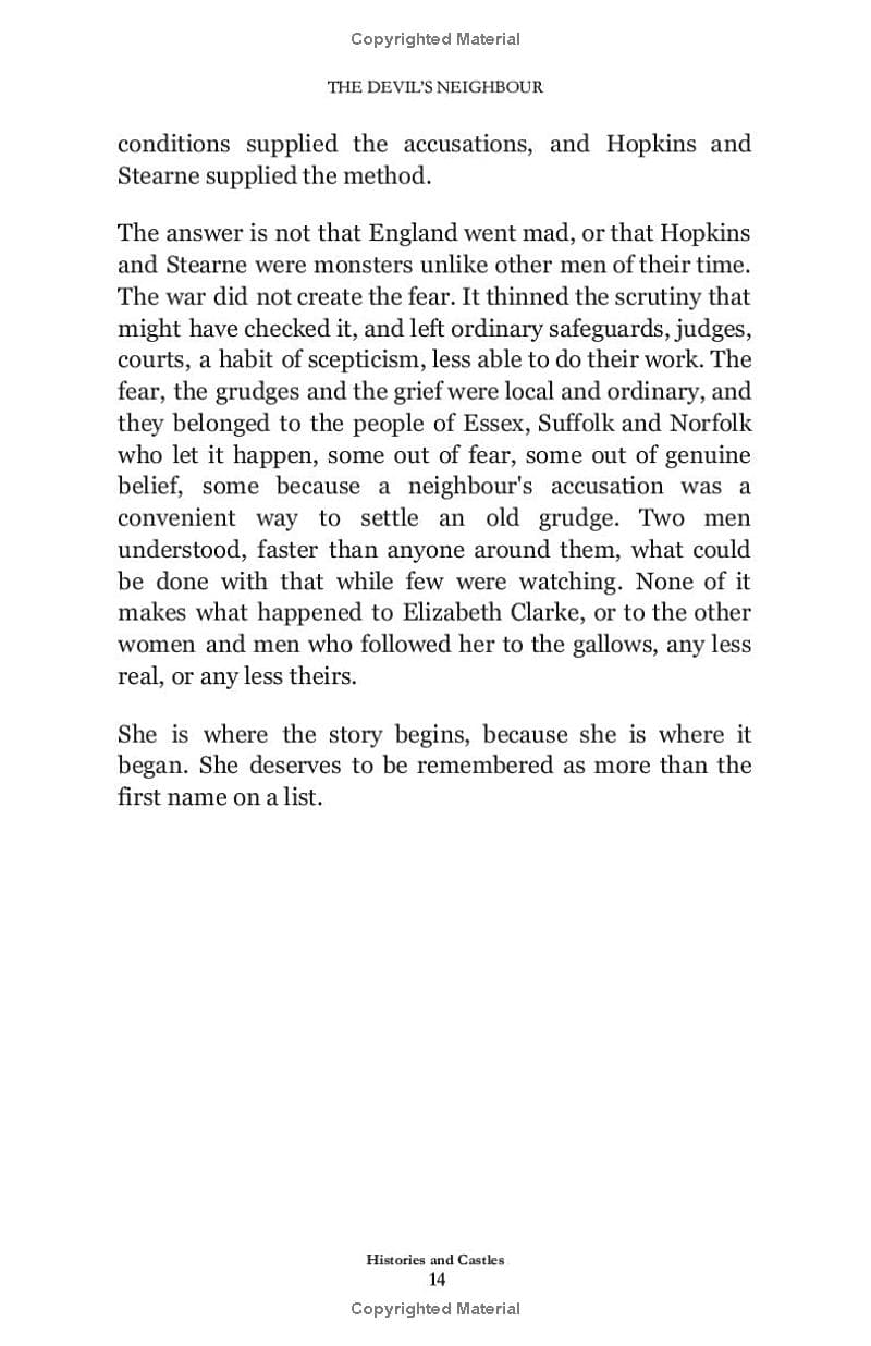 A scanned book page showing printed text from 'The Devil's Neighbour' with paragraphs of black text on a white page, including title and footer text from the book 'The Devil's Neighbours' by Simon A. Williams..