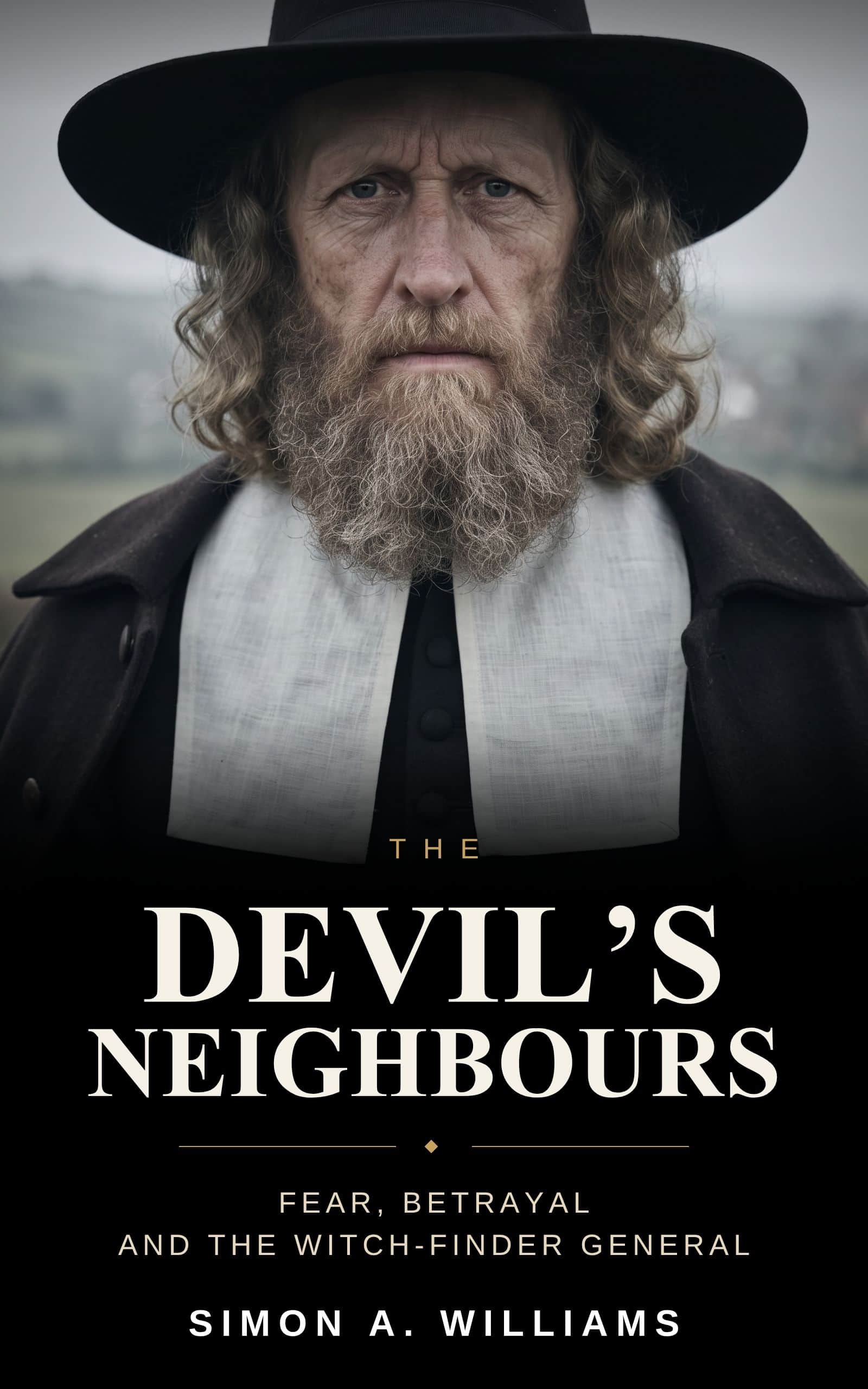 Book cover for 'The Devil's Neighbours' by Simon A. Williams, featuring a close-up portrait of a bearded man in a black hat and dark coat with a white collar against a muted outdoor background.
