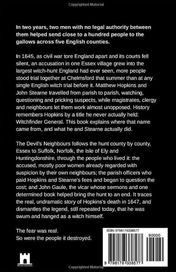 The back cover for 'The Devil's Neighbours' by Simon A. Williams,, showing a white background with black text, a barcode with ISBN 9781078190285, and a small publisher logo at the bottom left.