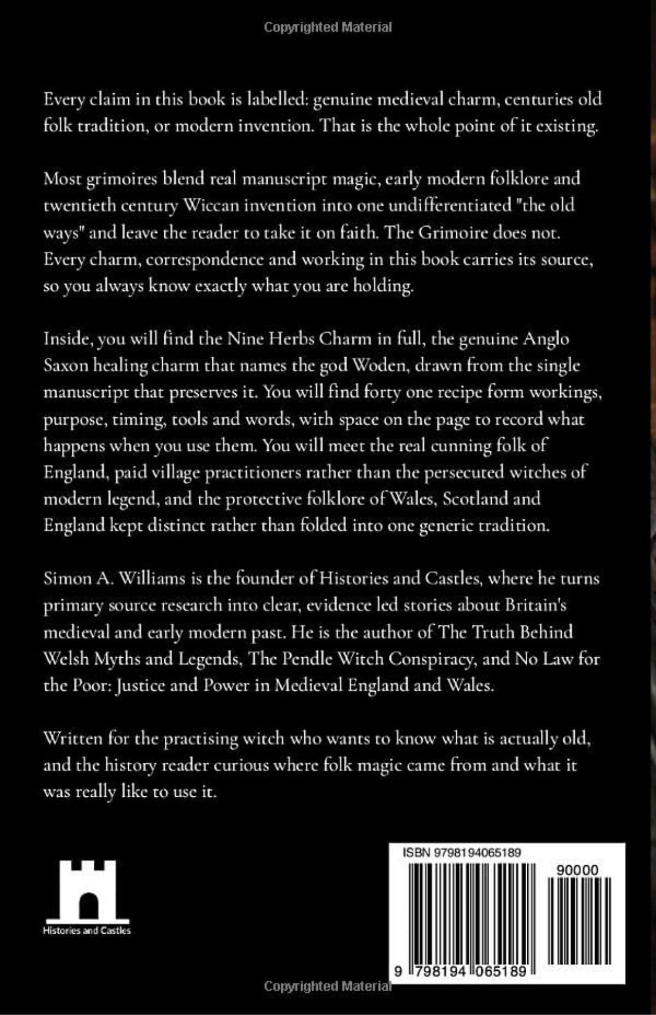 Back cover of a book with black background, white text, a small white H series logo near the bottom left, a barcode with ISBN 9781091540000, and several paragraphs of descriptive text.