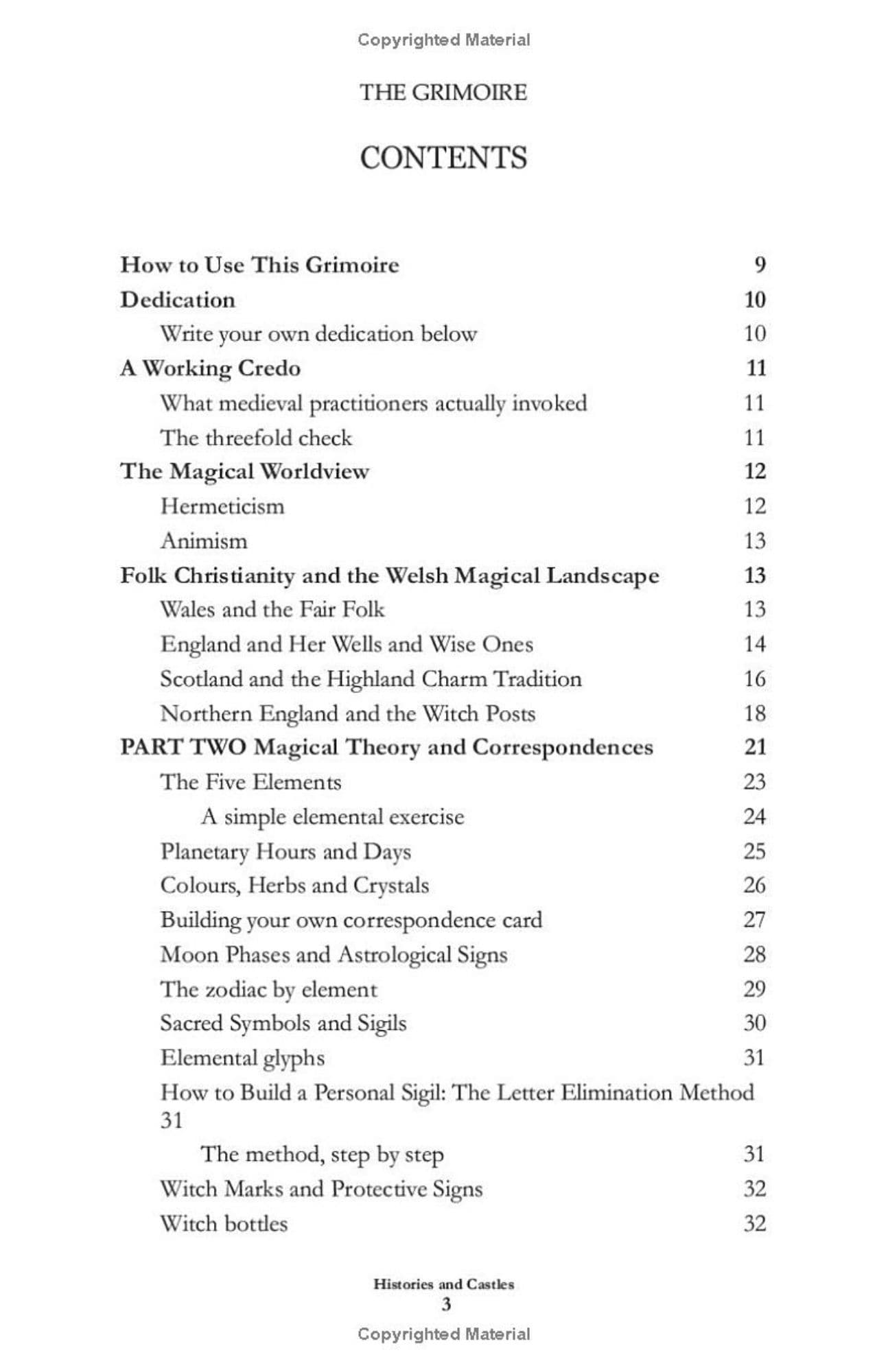 A printed table of contents page for 'The Grimoire' showing chapter and section titles with page numbers on a white page.