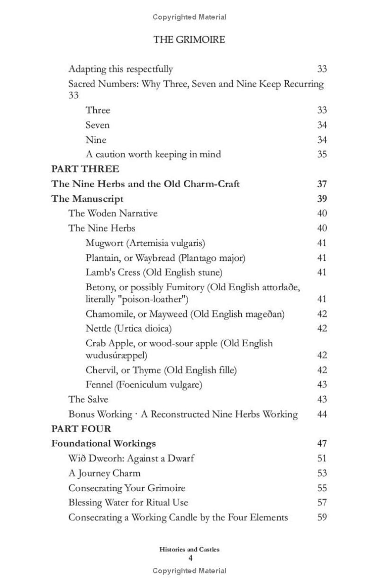 A printed table of contents page from a book titled 'The Grimoire' showing chapter and section headings with page numbers, plus a small 'Histories and Castles' label at the bottom.