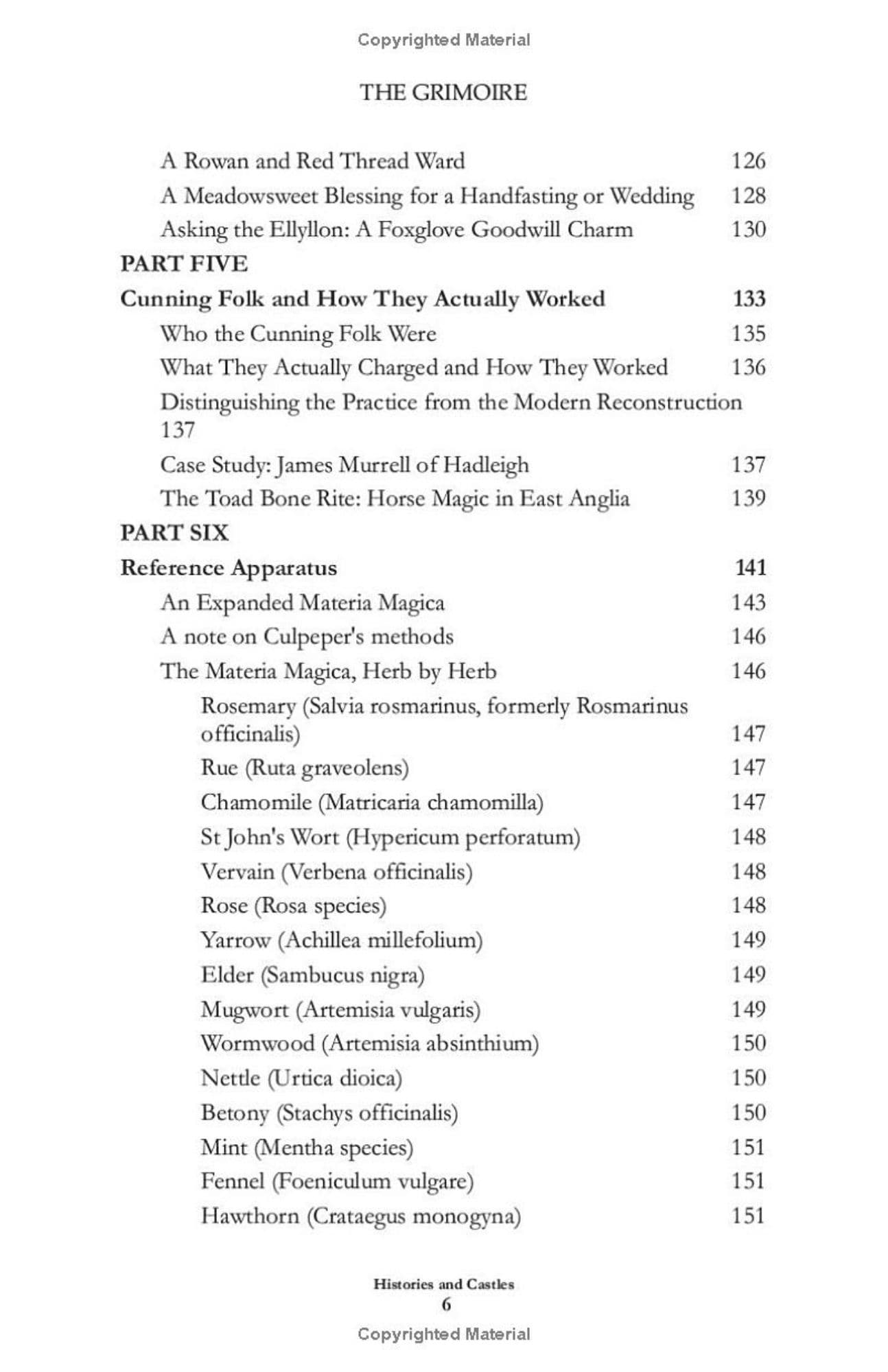 A printed table of contents page from a book titled 'The Grimoire' showing part titles, page numbers, and listed references in black text on a white page.