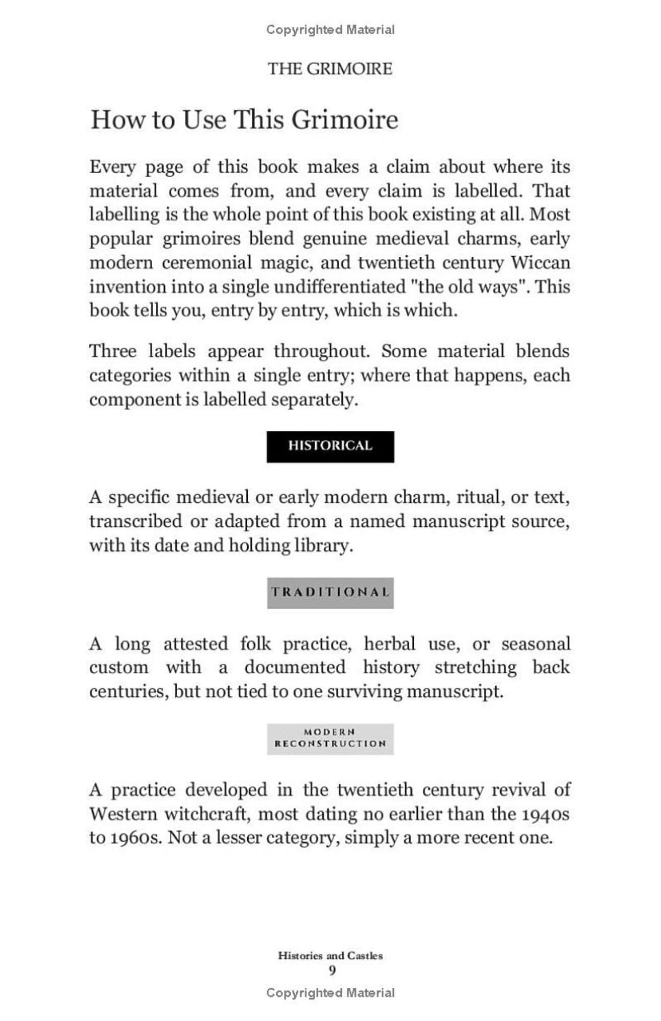 A page from a book titled 'How to Use This Grimoire' by The Grimoire, featuring black text on a white page with sections labeled Historical, Traditional, and Modern Reconstruction.