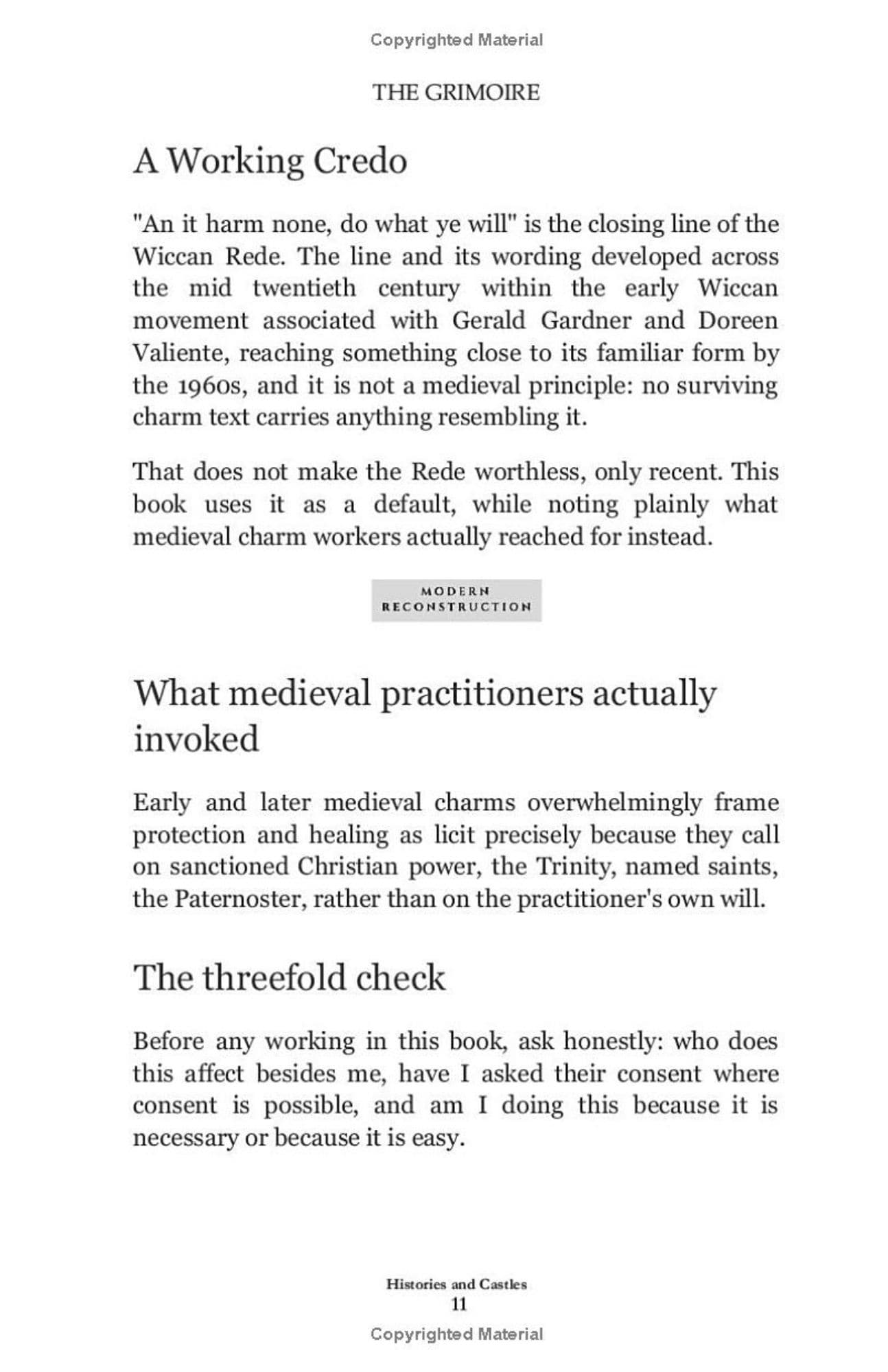 A book page from 'A Working Credo' by The Grimoire, showing printed text on a white page with a small 'Modern Reconstruction' label in the center.