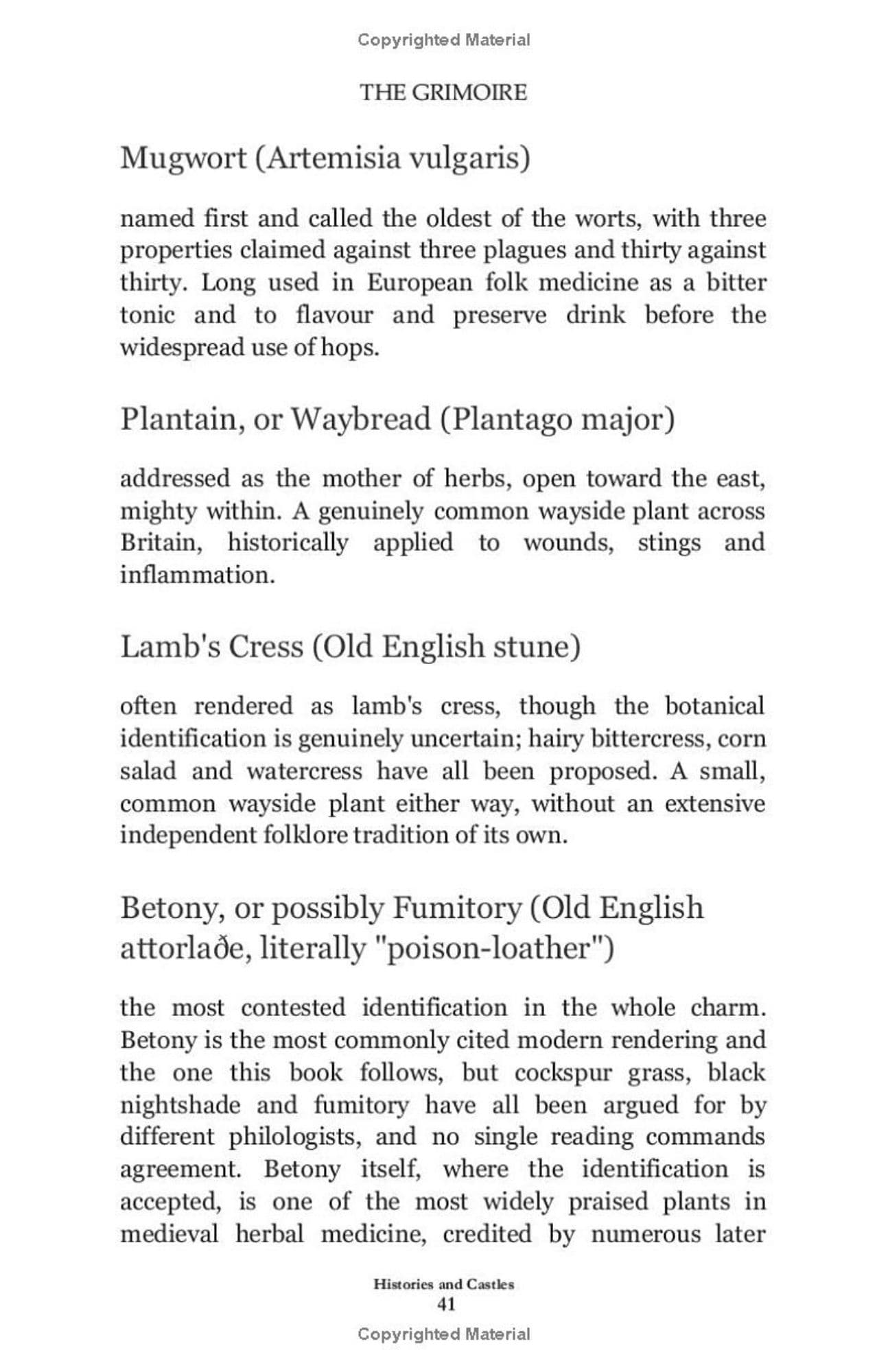 A scanned book page showing botanical text about mugwort, plantain, and lamb's cress under the heading 'THE GRIMOIRE', with body paragraphs of black serif text on a white page and copyright notices at the bottom.