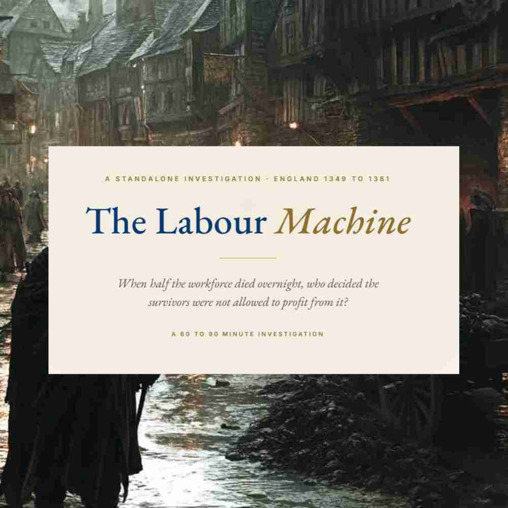 Promotional graphic for The Labour Machine, a standalone historical investigation into the Statute of Labourers and the Black Death, published by Histories and Castles