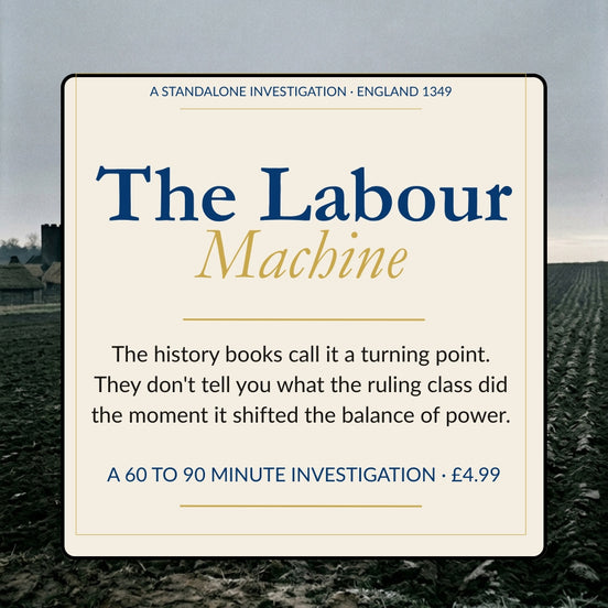 Promotional graphic for 'The Labour Machine' with text overlay on a field background