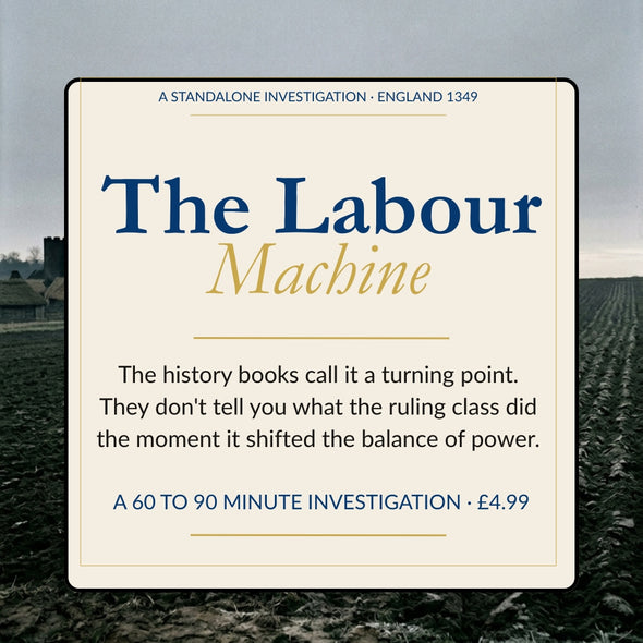 Promotional graphic for 'The Labour Machine' with text overlay on a field background