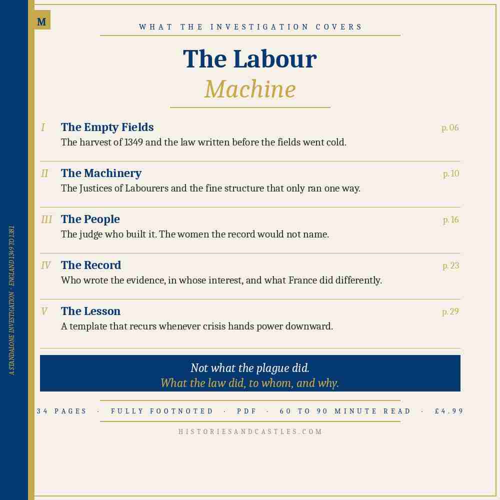 Book cover with title 'The Labour Machine' and a list of chapters on a white background.