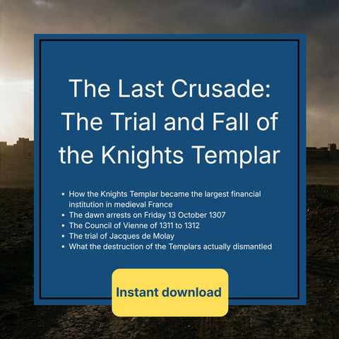 A digital cover graphic for a historical ebook or audio download titled 'The Last Crusade: The Trial and Fall of the Knights Templar'. The design features a dark blue central card with white text listing key historical facts, set against a dramatic, moody background of a stormy sky over a dark landscape.