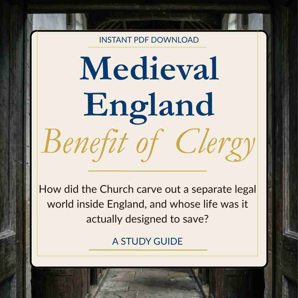 Cover of a study guide titled 'Benefit of Clergy' on Medieval England with text about the Church's legal world.
