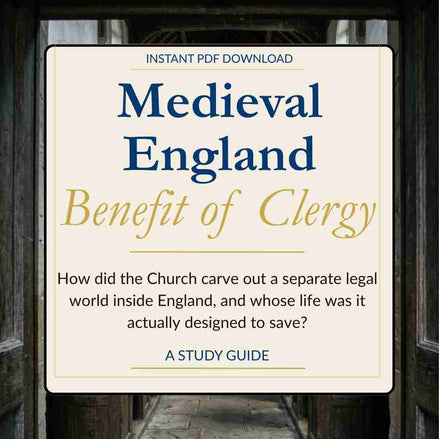 Cover of a study guide titled 'Benefit of Clergy' on Medieval England with text about the Church's legal world.