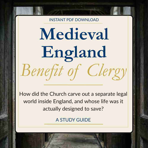 Cover of a study guide titled 'Benefit of Clergy' on Medieval England with text about the Church's legal world.
