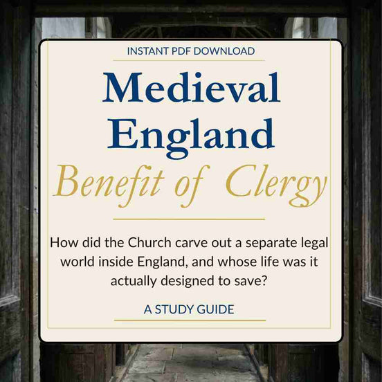 Cover of a study guide titled 'Benefit of Clergy' on Medieval England with text about the Church's legal world.