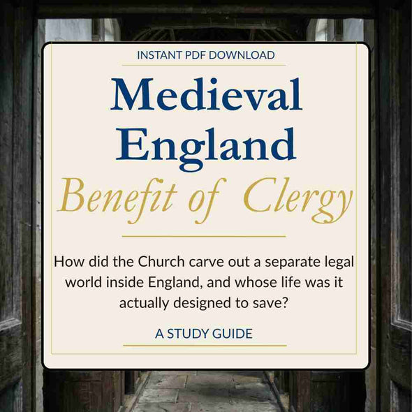 Cover of a study guide titled 'Benefit of Clergy' on Medieval England with text about the Church's legal world.