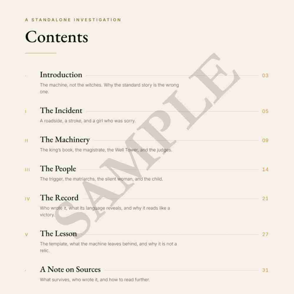 Table of contents for a standalone investigation book with chapter titles and page numbers.