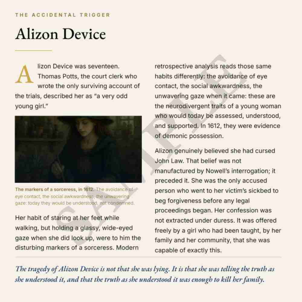 Text-based article about Alizon Device with a dark image of a woman in a hooded cloak.