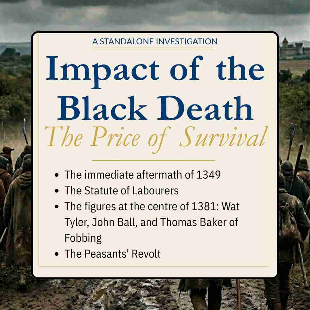 Book cover of 'Impact of the Black Death: The Price of Survival' with a historical scene in the background.