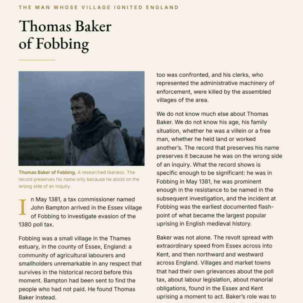 Article about Thomas Baker of Fobbing with a photo of a man in a dark coat.