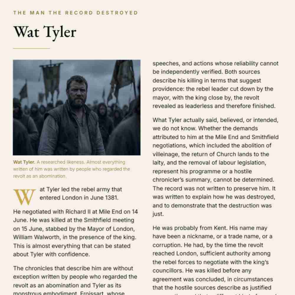 Textual content about Wat Tyler with a portrait of a man in a dark coat.