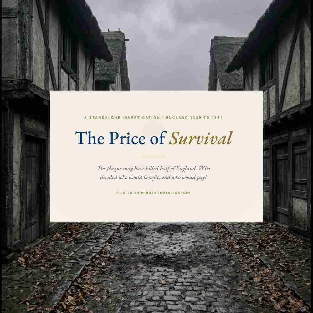 Promotional poster for 'The Price of Survival' with medieval architecture in the background