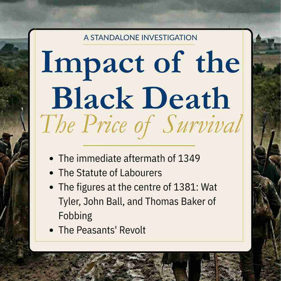 Book cover of 'Impact of the Black Death: The Price of Survival' with a historical scene in the background.