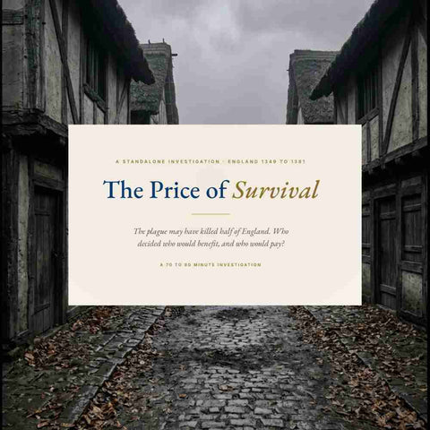 Promotional poster for 'The Price of Survival' with medieval architecture in the background