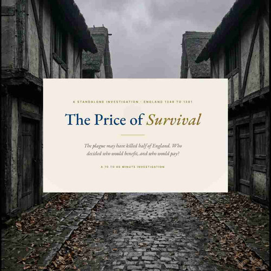 Promotional poster for 'The Price of Survival' with medieval architecture in the background