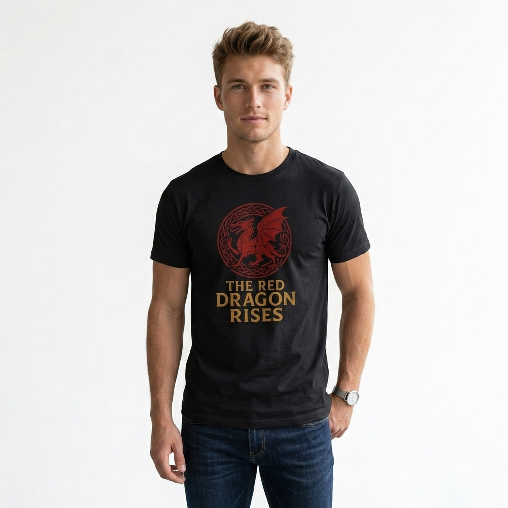 The Red Dragon Rises Welsh T-Shirt worn by man against a white background