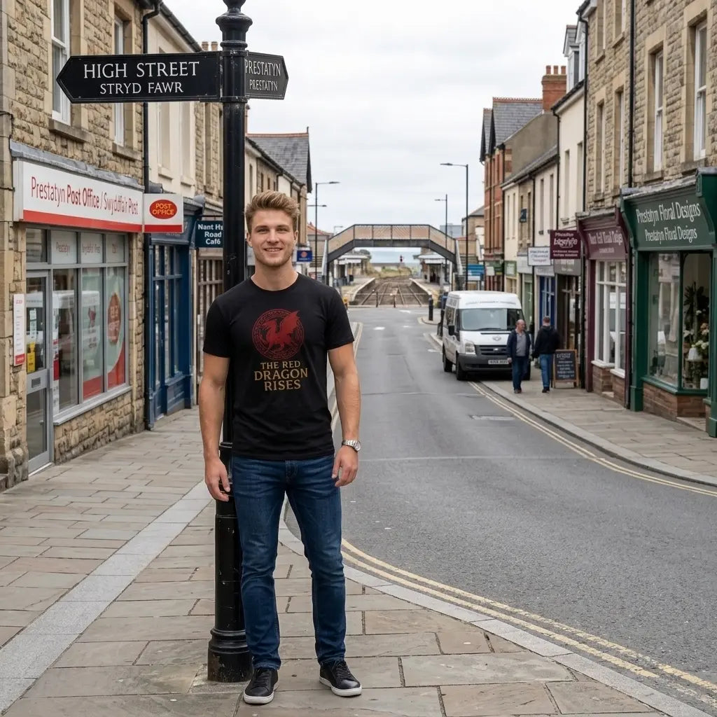 A man stands on a street corner wearing a black graphic t-shirt with a red dragon design and the text 'THE RED DRAGON RISES', paired with blue jeans. The background shows a real-world street scene with shops, a street sign, and a van.