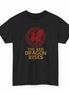 A black short-sleeve crewneck t-shirt featuring a red circular dragon graphic and the text 'THE RED DRAGON RISES' printed on the front, displayed against a plain white background.