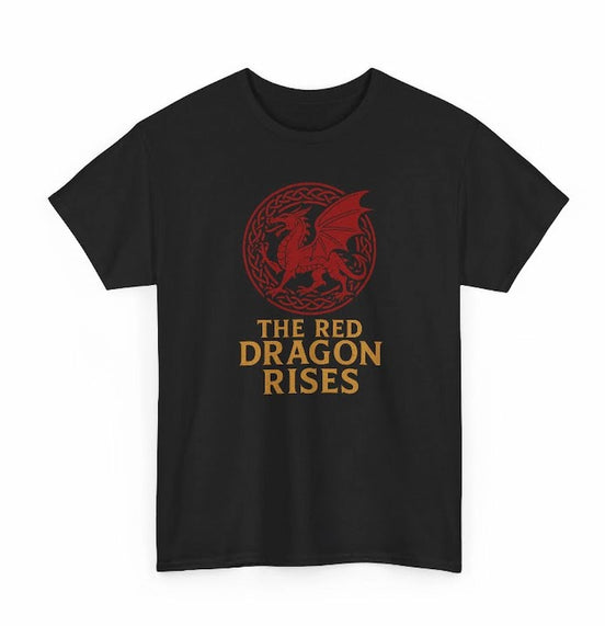 A black short-sleeve crewneck t-shirt featuring a red circular dragon graphic and the text 'THE RED DRAGON RISES' printed on the front, displayed against a plain white background.