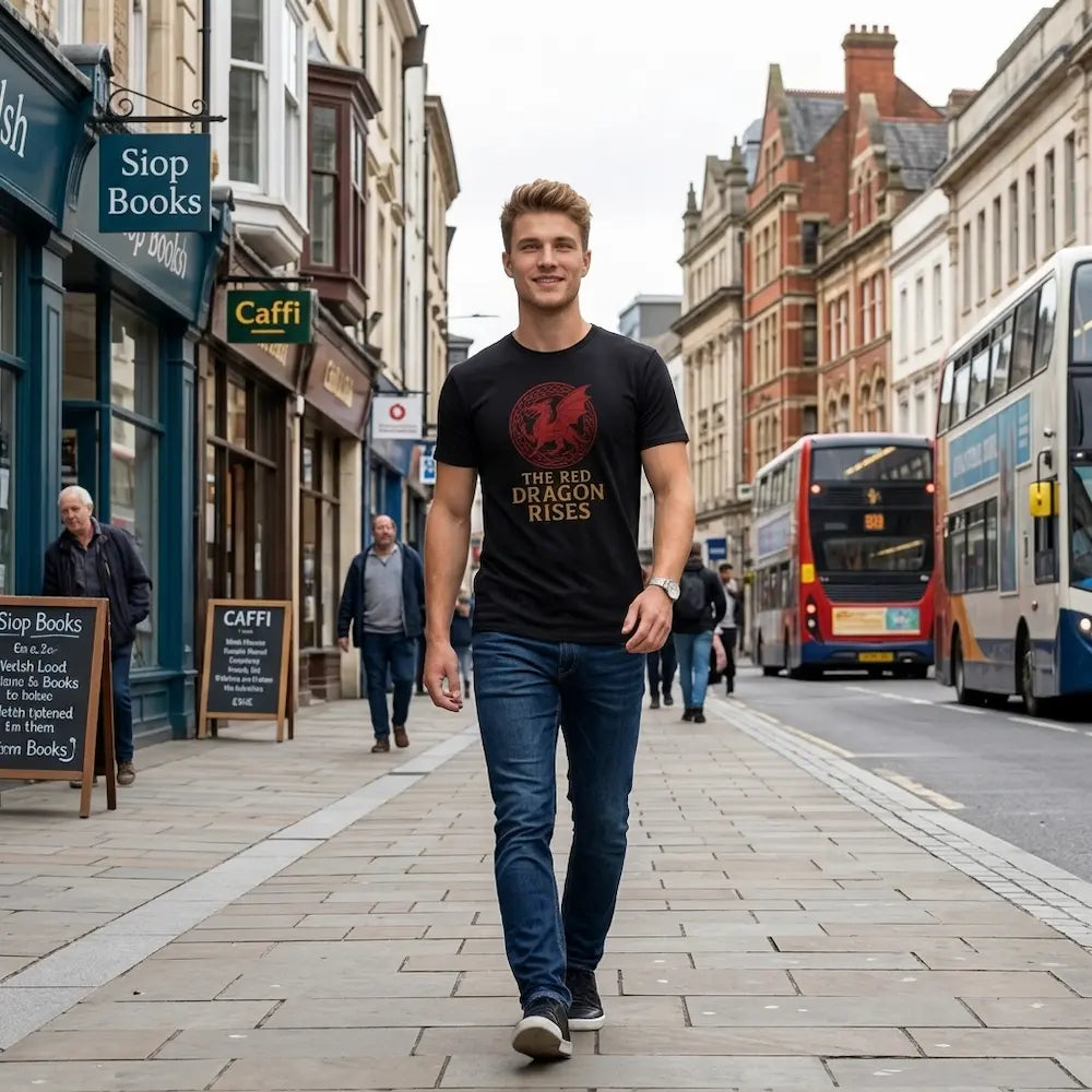 A man walking down a city street wearing a black t-shirt with a red dragon graphic and the text 'THE RED DRAGON RISES'.
