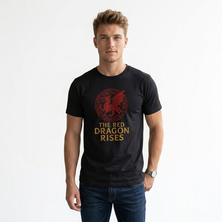 The Red Dragon Rises Welsh T-Shirt worn by man against a white background