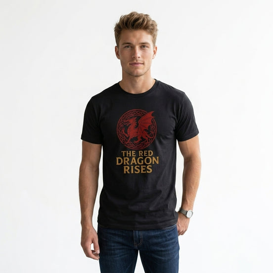 The Red Dragon Rises Welsh T-Shirt worn by man against a white background