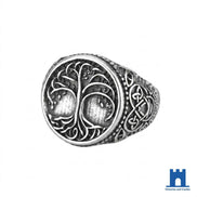 Viking Tree of Life ring in antique silver 316L stainless steel, engraved Yggdrasil design with Nordic knotwork border
