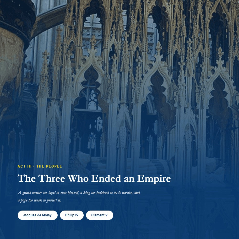 Section header 'The Three Who Ended an Empire' over a dim photo of an ornate gothic chapel ceiling, with pill buttons for Jacques de Molay, Philip IV, and Clement V.