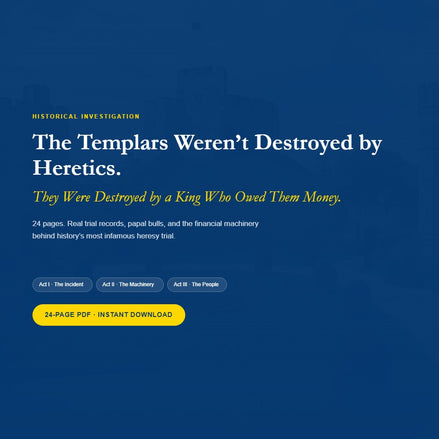 Hero banner for the product 'The Templars Weren't Destroyed by Heretics. They Were Destroyed by a King Who Owed Them Money,' with a 24-page PDF download button and act navigation pills.